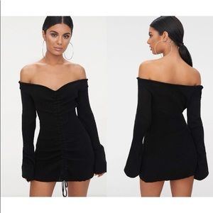 PLT Black Ruched Off Shoulder Sweater Knit Dress
